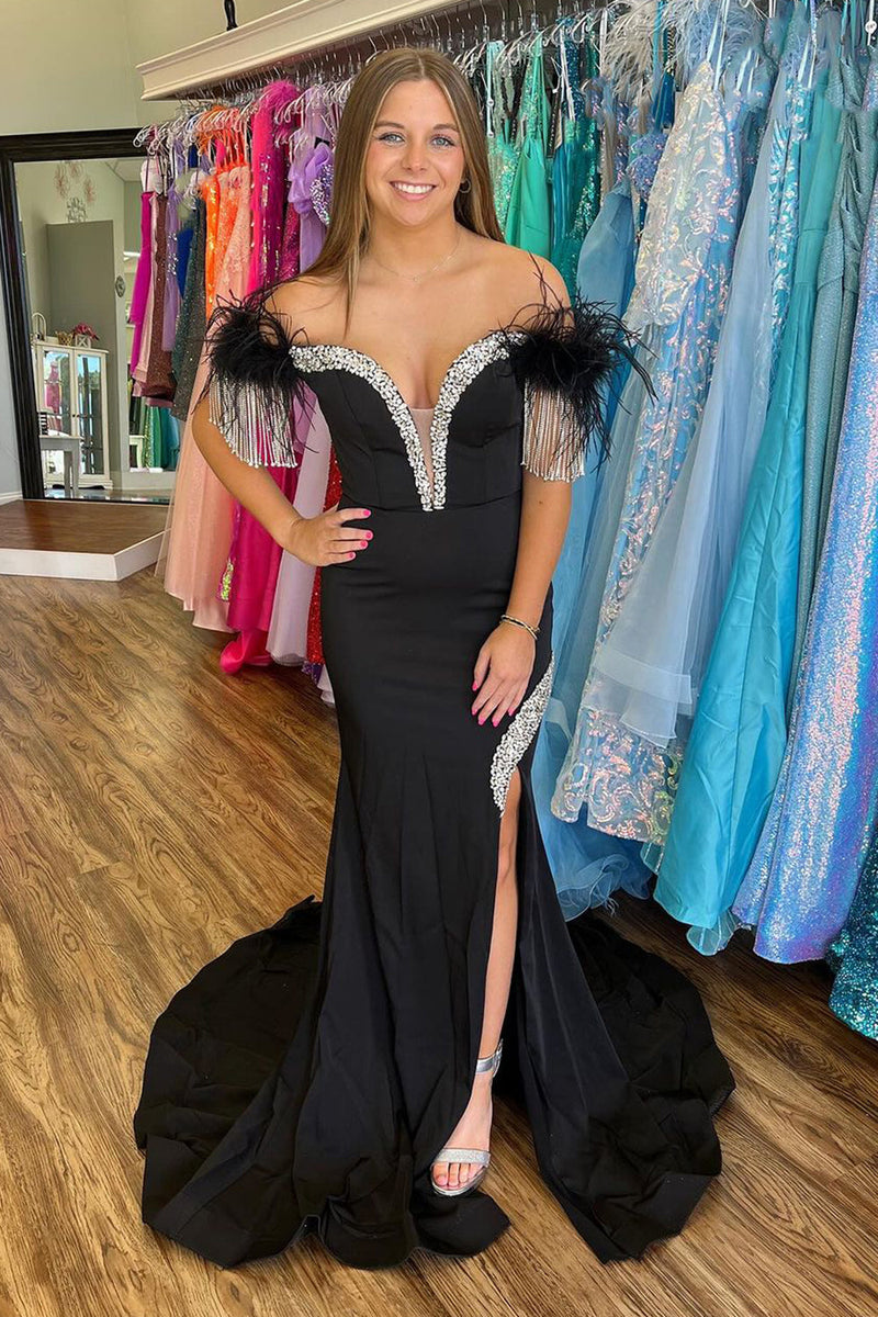 Load image into Gallery viewer, Sparkly Black Long Beaded Prom Dress with Feathers and Fringes