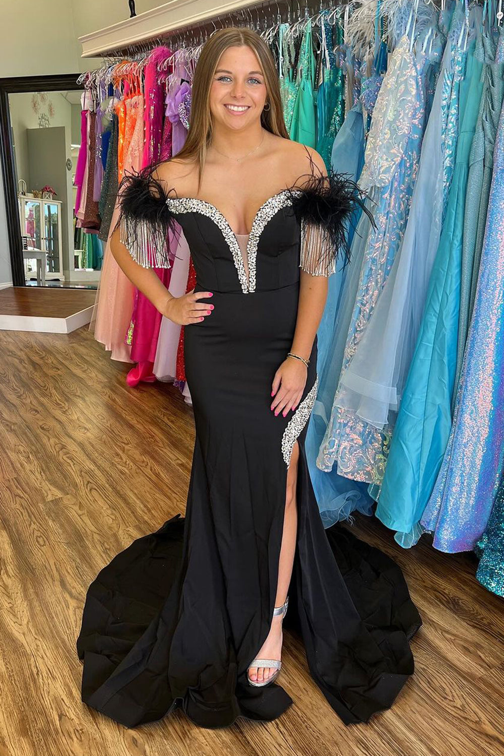 Sparkly Black Long Beaded Prom Dress with Feathers and Fringes