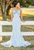 Load image into Gallery viewer, Sparkly Light Blue Sweep Train Bowknot Long Prom Dress with Appliques