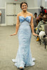 Load image into Gallery viewer, Sparkly Light Blue Sweep Train Bowknot Long Prom Dress with Appliques