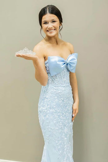 Sparkly Light Blue Sweep Train Bowknot Long Prom Dress with Appliques