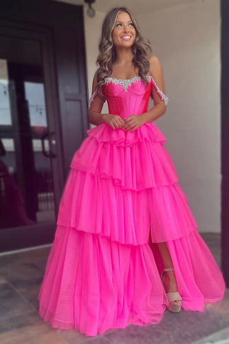 Sparkly Fuchsia Beaded Corset Long Prom Dress with Slit