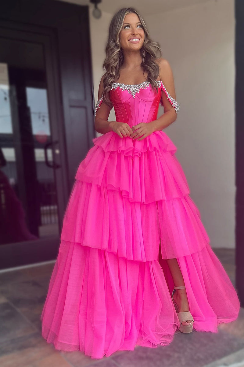 Load image into Gallery viewer, Sparkly Fuchsia Beaded Corset Long Prom Dress with Slit