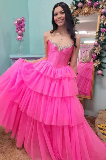 Sparkly Fuchsia Beaded Corset Long Prom Dress with Slit