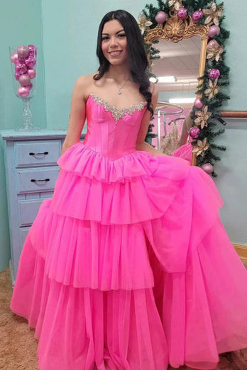 Sparkly Fuchsia Beaded Corset Long Prom Dress with Slit