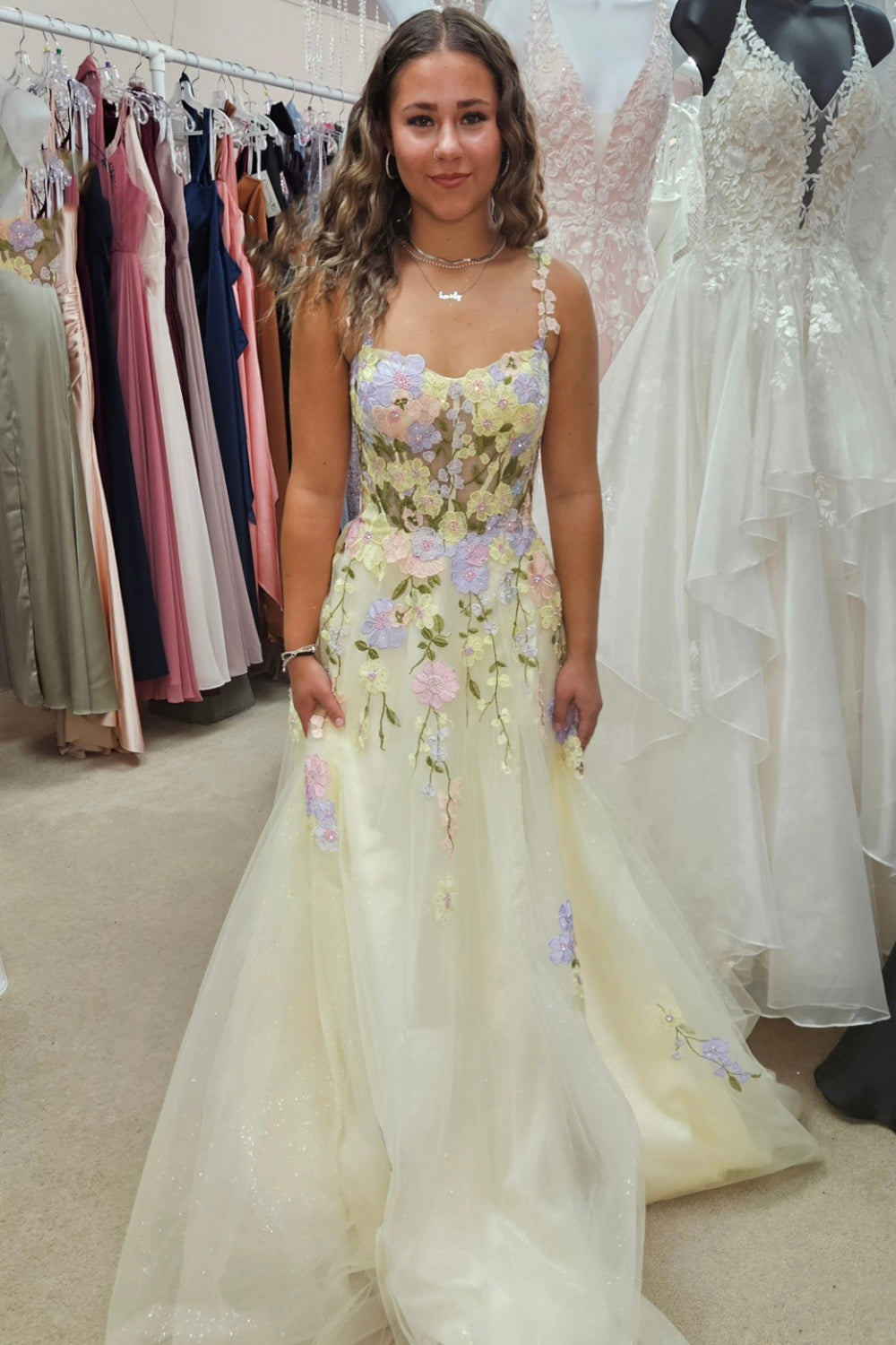 Floral Yellow A Line Corset Long Prom Dress