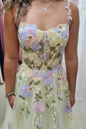 Floral Yellow A Line Corset Long Prom Dress