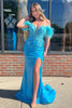 Load image into Gallery viewer, Sparkly Blue Corset Long Sequins Prom Dress with Feathers