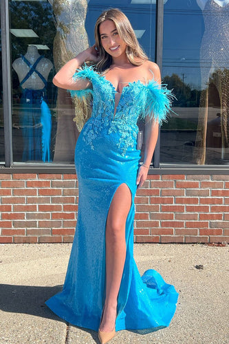 Sparkly Blue Corset Long Sequins Prom Dress with Feathers