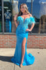 Load image into Gallery viewer, Sparkly Blue Corset Long Sequins Prom Dress with Feathers