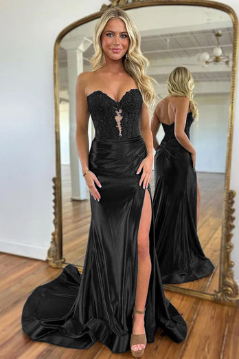 Sparkly Navy Mermaid Beaded Appliques Strapless Corset Long Prom Dress with Slit