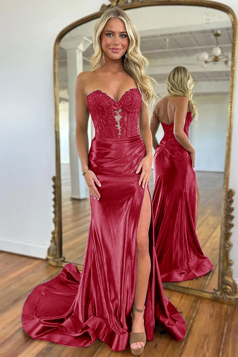 Load image into Gallery viewer, Sparkly Navy Mermaid Beaded Appliques Strapless Corset Long Prom Dress with Slit