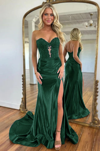 Sparkly Dark Green Mermaid Beaded Appliques Strapless Corset Long Prom Dress with Slit