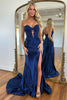 Load image into Gallery viewer, Sparkly Royal Blue Mermaid Beaded Appliques Strapless Corset Long Prom Dress with Slit