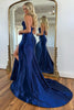 Load image into Gallery viewer, Sparkly Navy Mermaid Beaded Appliques Strapless Corset Long Prom Dress with Slit