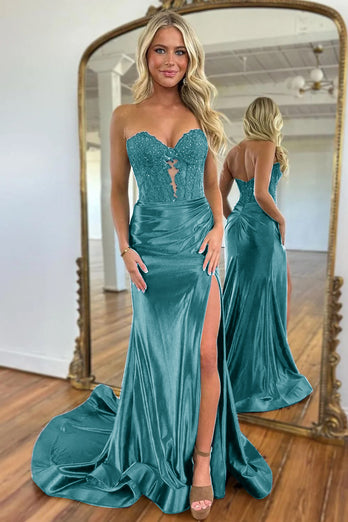 Sparkly Royal Blue Mermaid Beaded Appliques Strapless Corset Long Prom Dress with Slit