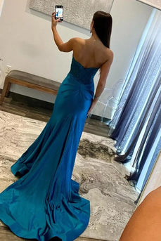 Sparkly Royal Blue Mermaid Beaded Appliques Strapless Corset Long Prom Dress with Slit