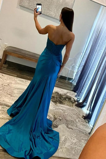 Sparkly Royal Blue Mermaid Beaded Appliques Strapless Corset Long Prom Dress with Slit