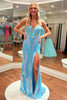 Load image into Gallery viewer, Sparkly Blue Sequined Embroidery Mermaid Lace-Up Long Prom Dress with Slit