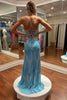 Load image into Gallery viewer, Sparkly Blue Sequined Embroidery Mermaid Lace-Up Long Prom Dress with Slit