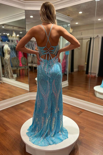 Sparkly Blue Sequined Embroidery Mermaid Lace-Up Long Prom Dress with Slit