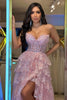 Load image into Gallery viewer, Sparkly Blush A-Line Strapless Corset Sequined Tiered Lace Long Prom Dress with Slit