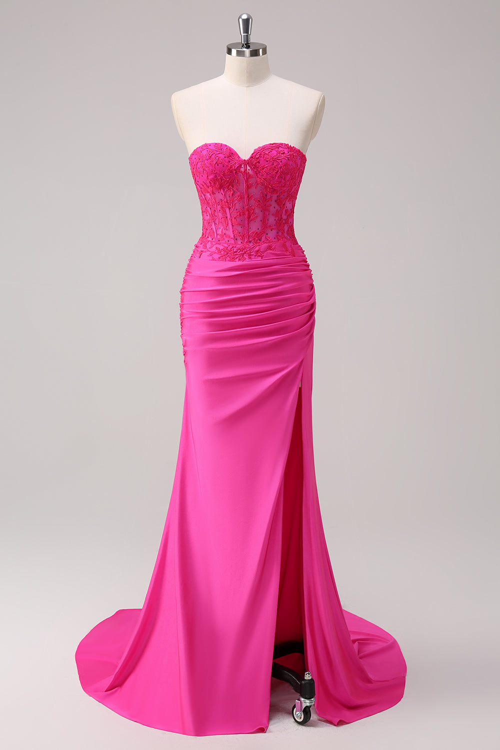 Sparkly Fuchsia Mermaid Strapless Corset Appliques Long Prom Dress with Slit