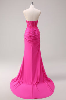 Sparkly Fuchsia Mermaid Strapless Corset Appliques Long Prom Dress with Slit