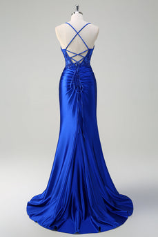 Royal Blue Mermaid Spaghetti Straps Pleated Appliqued Prom Dress