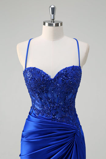 Royal Blue Mermaid Spaghetti Straps Pleated Appliqued Prom Dress