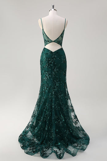 Sparkly Dark Green Mermaid Spaghetti Straps Corset Sequined Embroidery Tulle Long Prom Dress