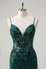 Load image into Gallery viewer, Sparkly Dark Green Mermaid Spaghetti Straps Corset Sequined Embroidery Tulle Long Prom Dress