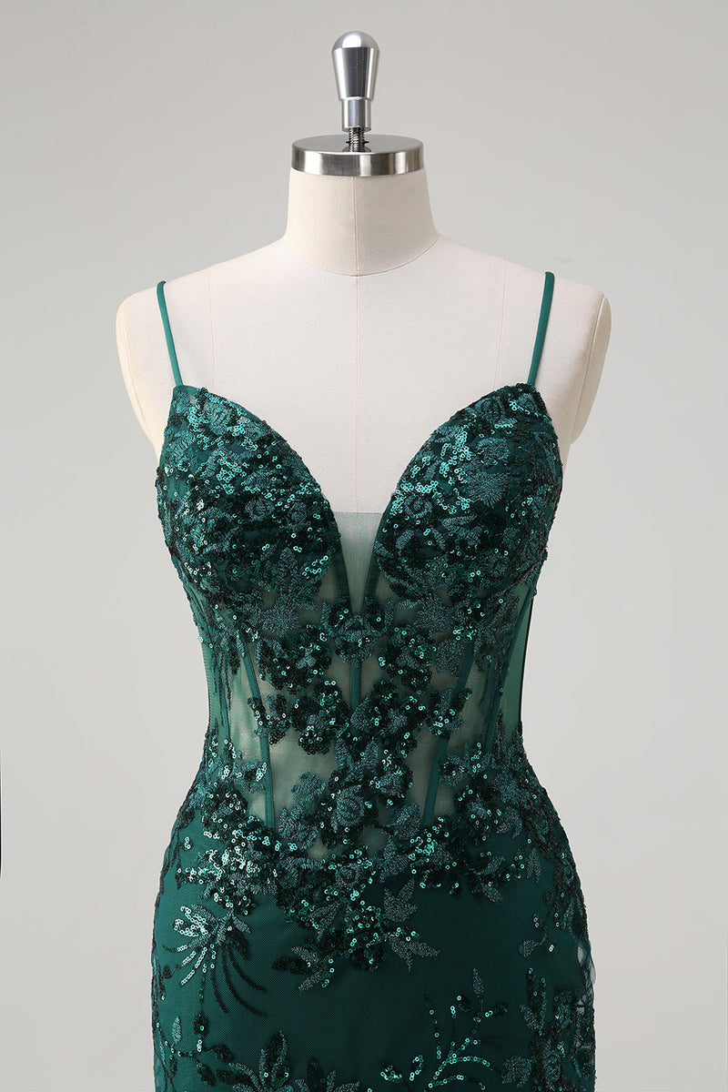 Load image into Gallery viewer, Sparkly Dark Green Mermaid Spaghetti Straps Corset Sequined Embroidery Tulle Long Prom Dress