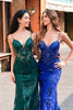 Load image into Gallery viewer, Sparkly Dark Green Mermaid Spaghetti Straps Corset Sequined Embroidery Tulle Long Prom Dress