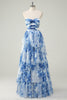 Load image into Gallery viewer, White Blue Flower A Line Strapless Tiered Prom Dress