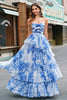 Load image into Gallery viewer, White Blue Flower A Line Strapless Tiered Prom Dress