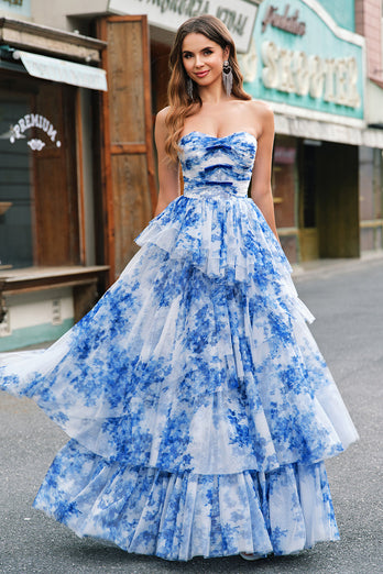 White Blue Flower A Line Strapless Tiered Prom Dress