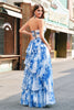 Load image into Gallery viewer, White Blue Flower A Line Strapless Tiered Prom Dress