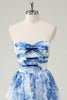 Load image into Gallery viewer, White Blue Flower A Line Strapless Tiered Prom Dress