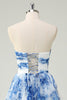 Load image into Gallery viewer, White Blue Flower A Line Strapless Tiered Prom Dress