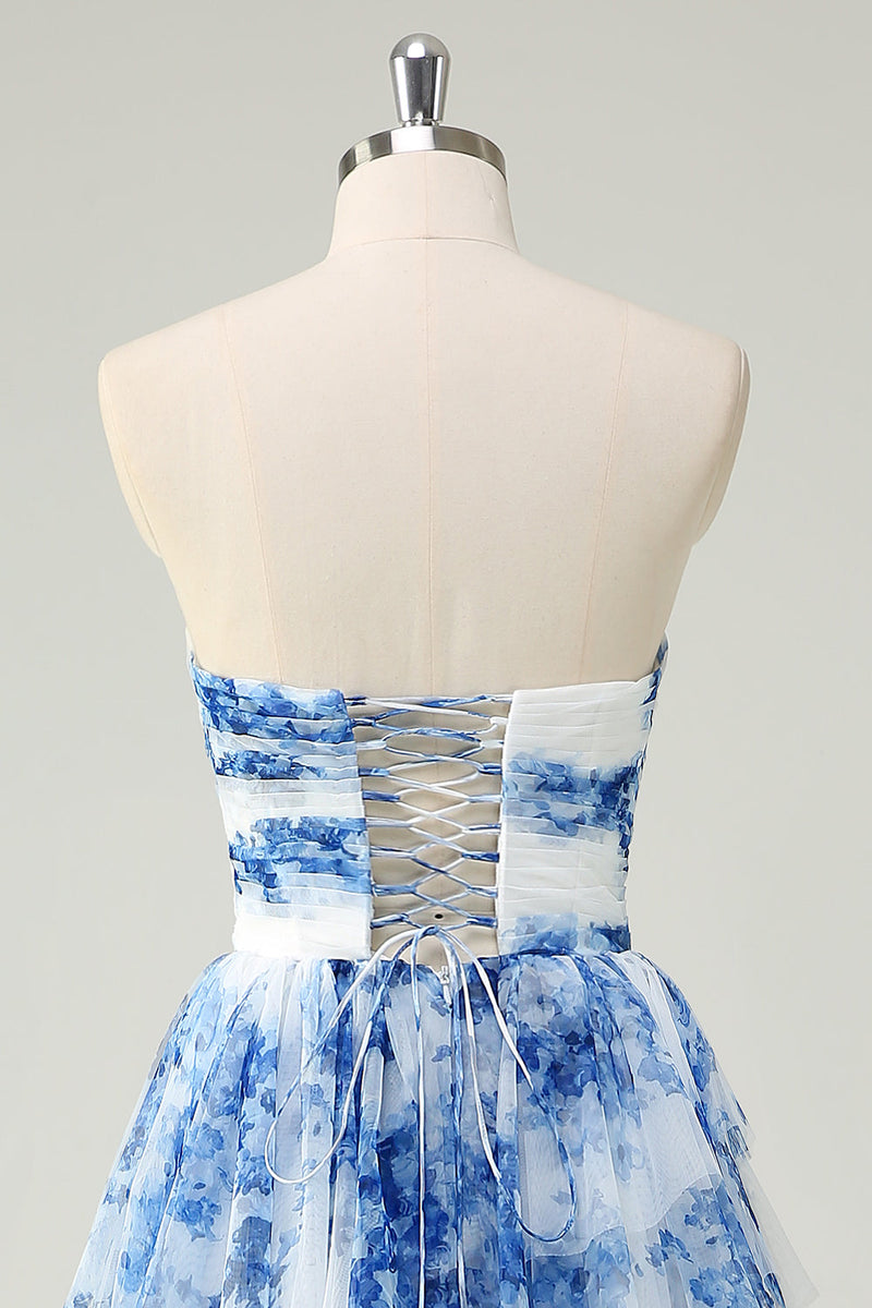 Load image into Gallery viewer, White Blue Flower A Line Strapless Tiered Prom Dress