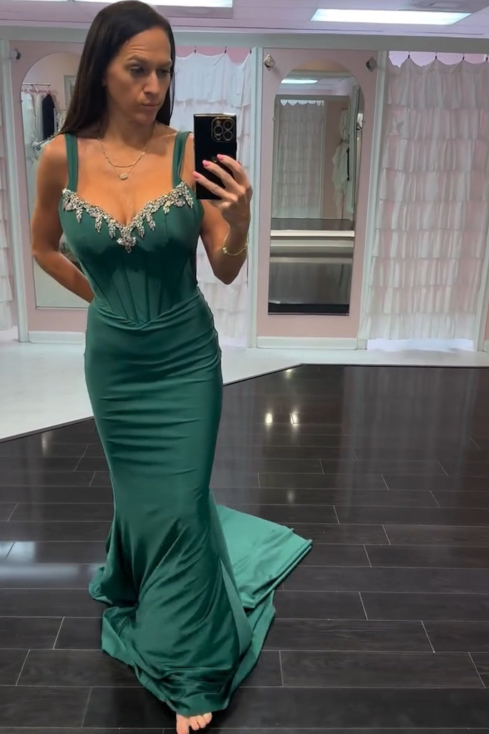 Sparkly Dark Green Corset Long Satin Beaded Prom Dress