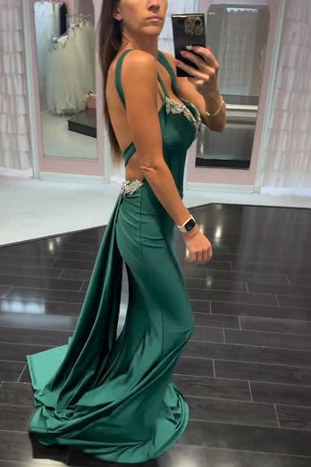 Sparkly Dark Green Corset Long Satin Beaded Prom Dress