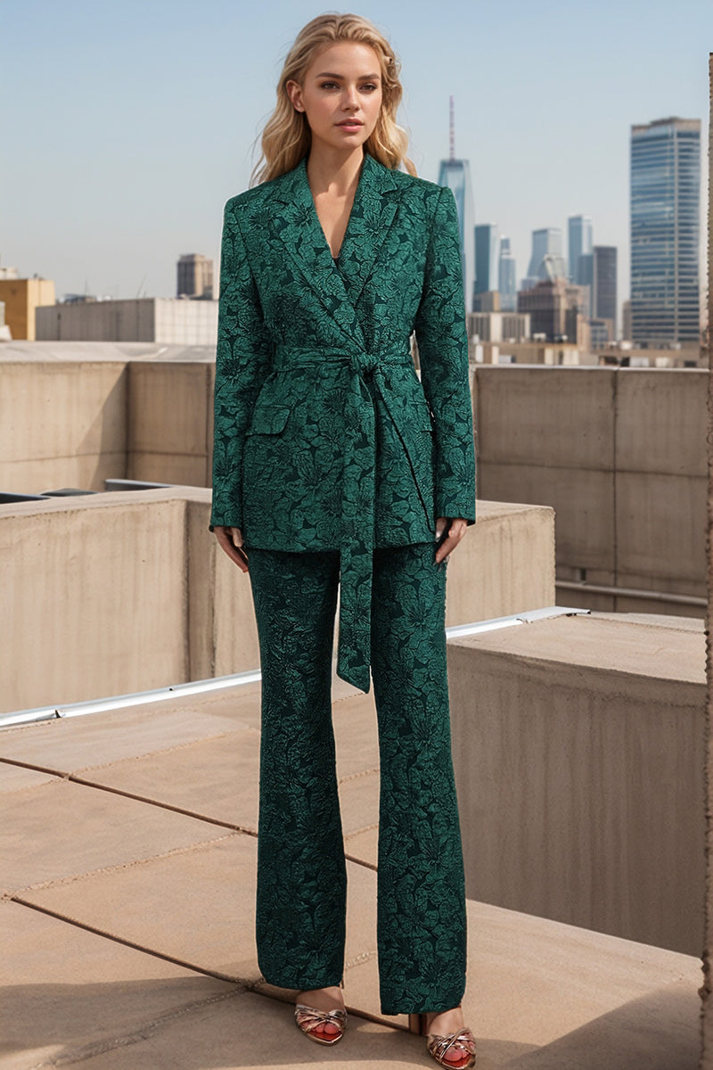 Load image into Gallery viewer, Dark Green 2 Pieces Jacquard Notched Lapel Women Party Suits with Belts