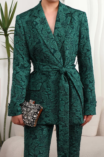 Dark Green 2 Pieces Jacquard Notched Lapel Women Party Suits with Belts