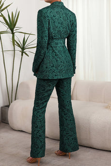 Dark Green 2 Pieces Jacquard Notched Lapel Women Party Suits with Belts