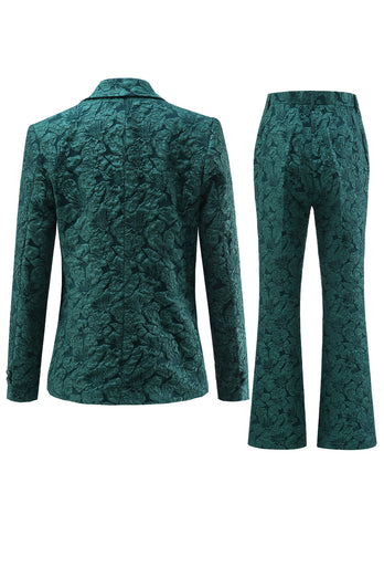 Dark Green 2 Pieces Jacquard Notched Lapel Women Party Suits with Belts