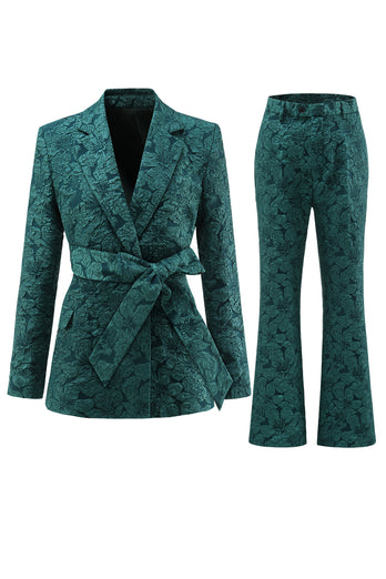 Dark Green 2 Pieces Jacquard Notched Lapel Women Party Suits with Belts