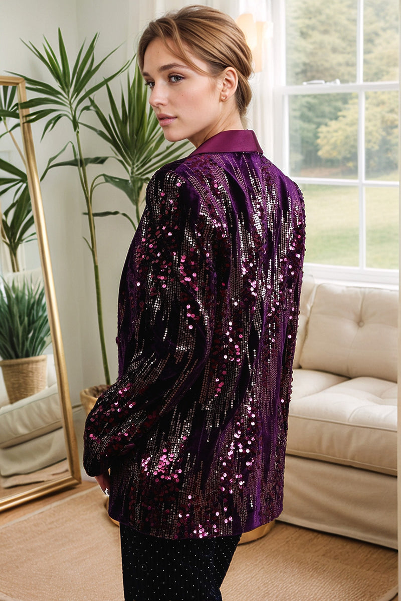 Load image into Gallery viewer, Sparkly Purple Shawl Lapel Sequins Women Prom Blazer