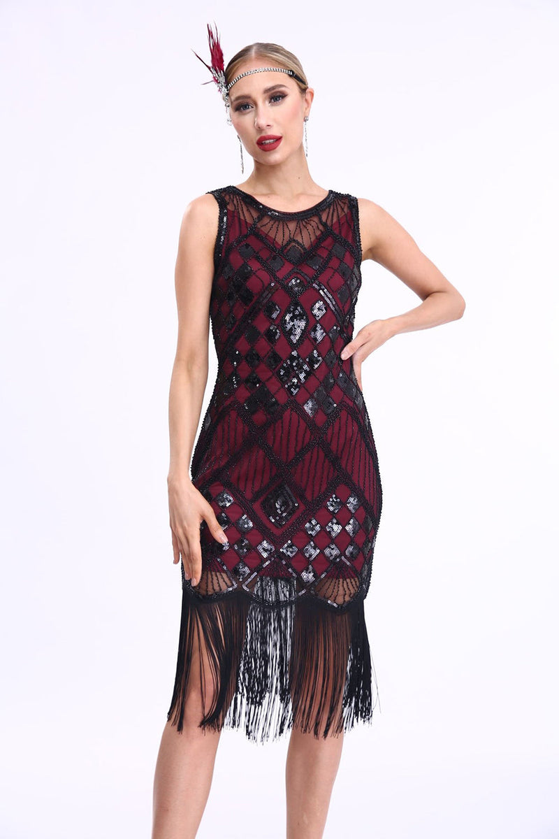 Load image into Gallery viewer, Black Sequined Bodycon 1920s Dress with Fringes